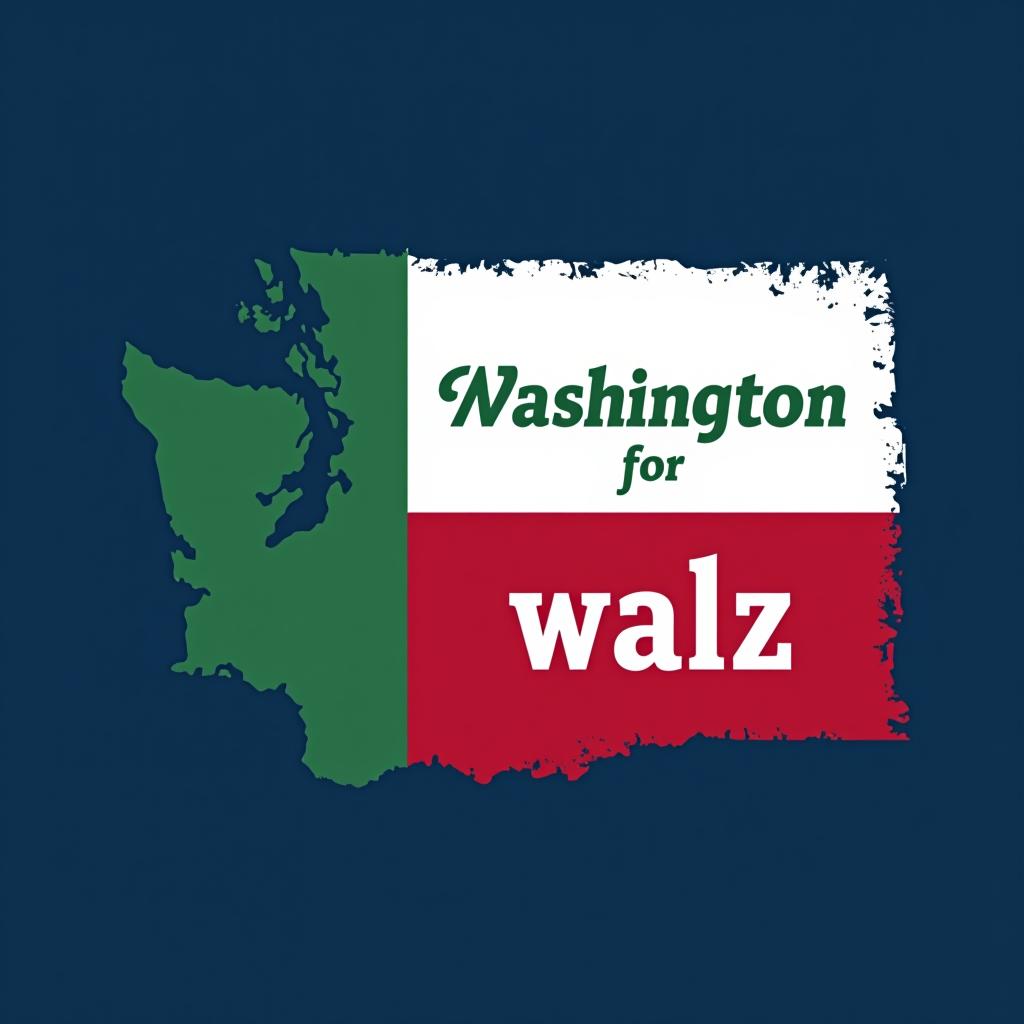  a tshirt design inspired by the washington state flag. the left side features a green vertical stripe with a large mountain in the center. the right side is divided into two horizontal sections: the top section is white with the text 'washington for' in bold, green, uppercase letters, and the bottom section is red with the text 'harris walz' in bold, white, uppercase letters. the overall layout is clean and straightforward, with a clear and patriotic color scheme of blue, white, and red.