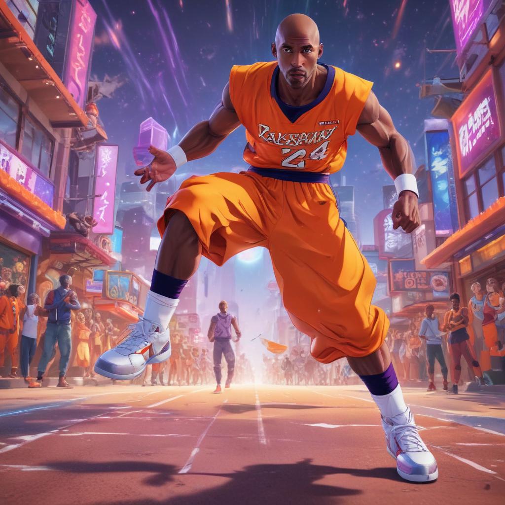 distance-shot, flashy, full-body, dynamic, holographic, animated cartoon poster of kobe scene in the style of dragon ball super