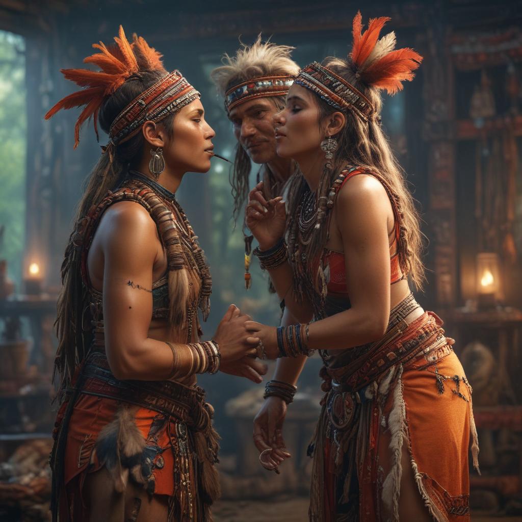 ((masterpiece)),(((best quality))), 8k, high detailed, ultra detailed, A tribe couple kiss in the face, traditional tribal instruments nearby, tribal elders looking on approvingly, vibrant colors everywhere, magical atmosphere hyperrealistic, full body, detailed clothing, highly detailed, cinematic lighting, stunningly beautiful, intricate, sharp focus, f/1. 8, 85mm, (centered image composition), (professionally color graded), ((bright soft diffused light)), volumetric fog, trending on instagram, trending on tumblr, HDR 4K, 8K