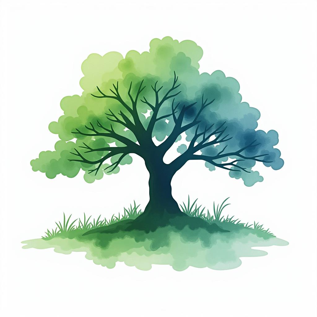  design a logo, watercolor style, logo of a tree, green and blue