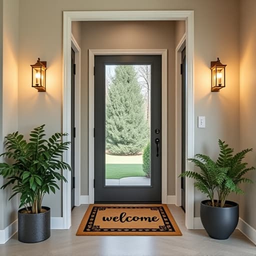  create an image of a stylish entryway with a welcoming doormat, a lush potted plant, elegant lighting, and a decorative mirror to capture the essence of making a great first impression in home decor.