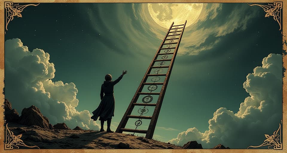  a figure standing at the base of a ladder reaching towards the sky, symbols of success etched on the ladder, reaching hands, longing to be part of the journey. an illustration in the style of a worn, mystical old tarot trump card, mysterious and elements of surrealism. the colors are muted, somber and eerie, but with contrast bring out an occult and esoteric vibe.