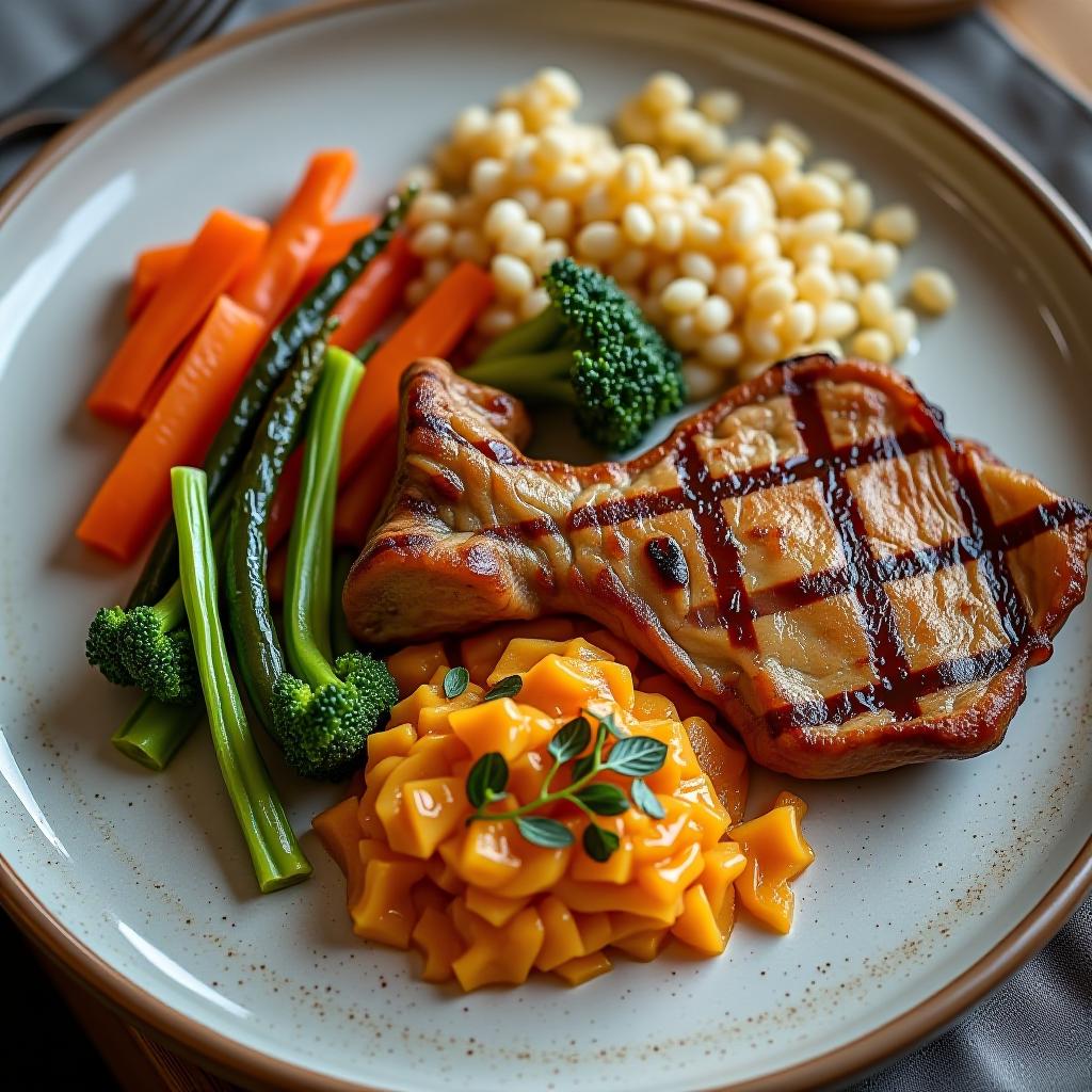  a plate with food, meat, vegetables, grains.