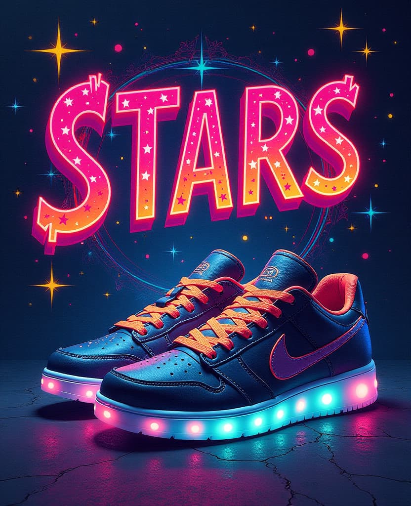  graffiti style text (‘artgeneration.me’: 1.7). stylish font. clear spelling of letters. bright expressive letters: stars, stars. background: night, from stars created outline of pair of trainers, geometrical cybernetic lines (sneaker shaped stars: 1.5), nebulae. stylish trainers: bright laces, neon glowing sole and shimmering cybernetic decorative details. light from within.slogan (‘my space’: 1,5). . street art, vibrant, urban, detailed, tag, mural