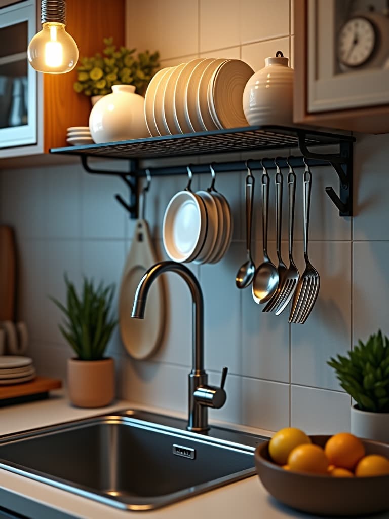  high quality portrait photo of a stylish over the sink dish drying rack in a small kitchen, showcasing efficient use of vertical space with hanging utensils and stacked dishes hyperrealistic, full body, detailed clothing, highly detailed, cinematic lighting, stunningly beautiful, intricate, sharp focus, f/1. 8, 85mm, (centered image composition), (professionally color graded), ((bright soft diffused light)), volumetric fog, trending on instagram, trending on tumblr, HDR 4K, 8K