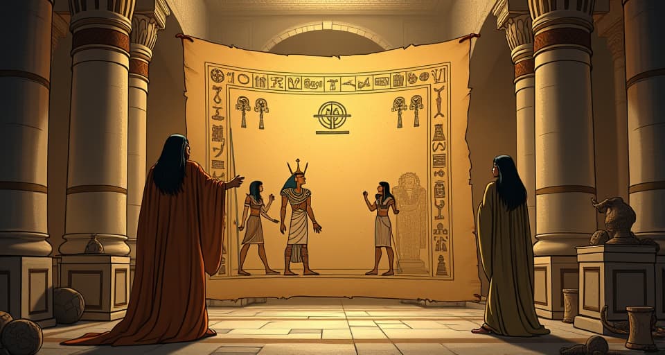  an ancient papyrus scroll, partially unfurled, characters etched, surrounded by ancient relics and artifacts, atmosphere of shared wisdom and inspiration. the style is digital art illustration / modern comic book / mysterious occult, symbolic, esoteric vibe,high detail on character design, incorporating ancient egyptian symbology and attire.