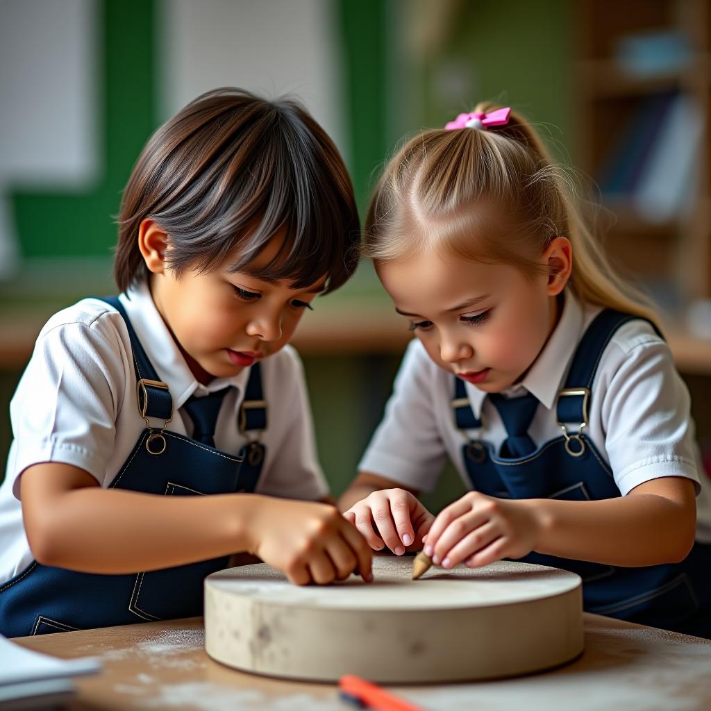  boys and girls are grinding away at the granite of science, studying at school.