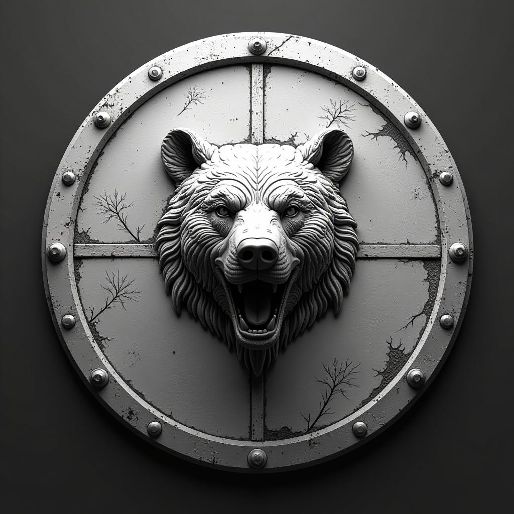  professional 3d model black and white sketches of the 3d model. (round battle shield in the middle, a bear's head with an open mouth, a convex volume in the middle), lighting, high resolution, high detail, increased attention to detail, the entire shield, in sketch style, ((on a dark background with contours)), only contours and textures are used, a three dimensional shield, clear details of the drawing, lines, panning, clear lines, background. the white and gray tones are made in the style of a 3d model sketch . octane render, highly detailed, volumetric, dramatic lighting