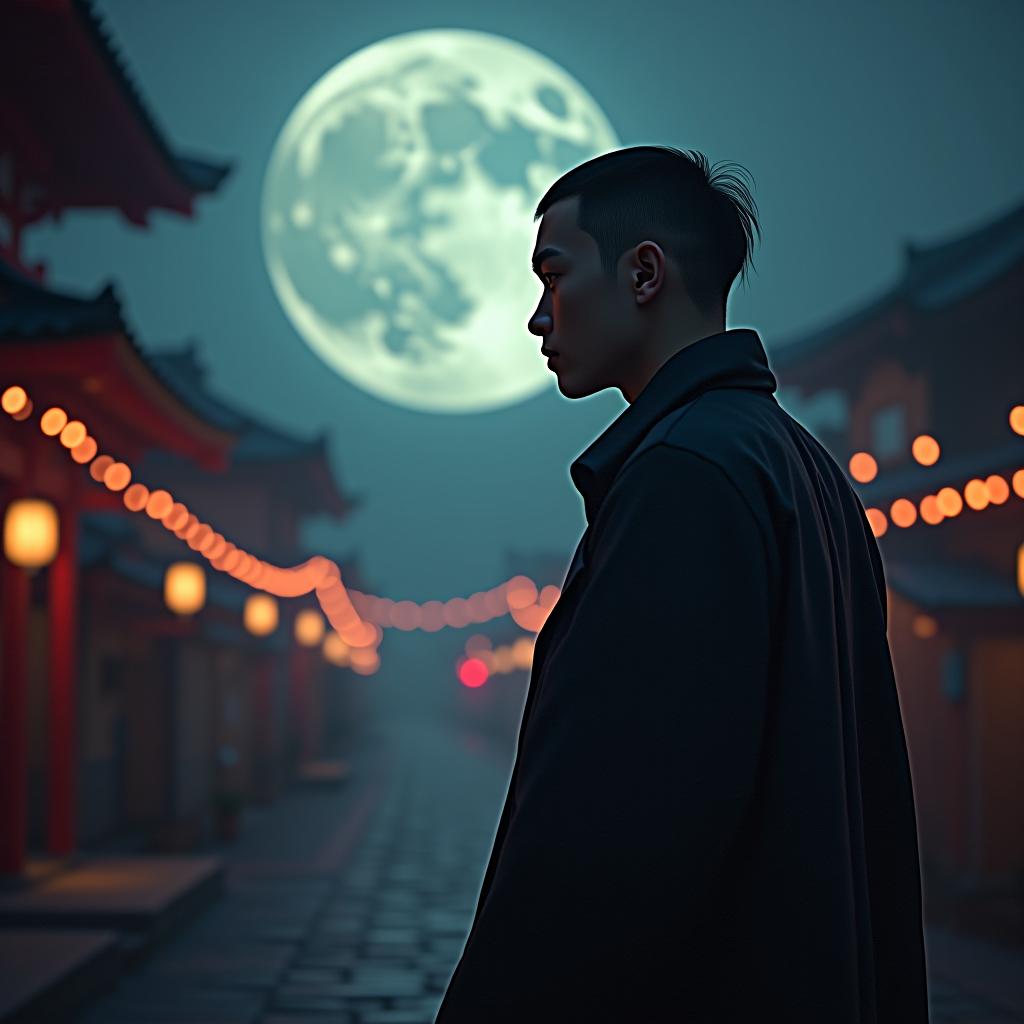  full moon in japan, add small text 'astravision' to the lower left corner hyperrealistic, full body, detailed clothing, highly detailed, cinematic lighting, stunningly beautiful, intricate, sharp focus, f/1. 8, 85mm, (centered image composition), (professionally color graded), ((bright soft diffused light)), volumetric fog, trending on instagram, trending on tumblr, HDR 4K, 8K