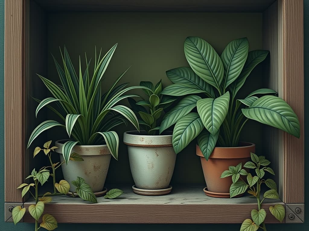  artificial plants on a dusty shelf, plastic leaves dulled by time, a mood of decay and stagnation. an illustration in the style of a worn, mystical old tarot trump card, mysterious and elements of surrealism. the colors are muted, somber and eerie, but with contrast bring out an occult and esoteric vibe.