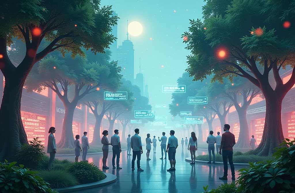  "an abstract representation of a futuristic communication hub, featuring a serene digital landscape with flowing streams of vibrant light symbolizing data exchange. in the foreground, a group of diverse people, engaged in animated conversations, surrounded by glowing holographic interfaces displaying various languages and symbols. the setting blends elements of nature and technology, with lush green trees seamlessly integrating digital elements, creating a harmonious balance between human interaction and advanced ai communication." hyperrealistic, full body, detailed clothing, highly detailed, cinematic lighting, stunningly beautiful, intricate, sharp focus, f/1. 8, 85mm, (centered image composition), (professionally color graded), ((bright soft diffused light)), volumetric fog, trending on instagram, trending on tumblr, HDR 4K, 8K