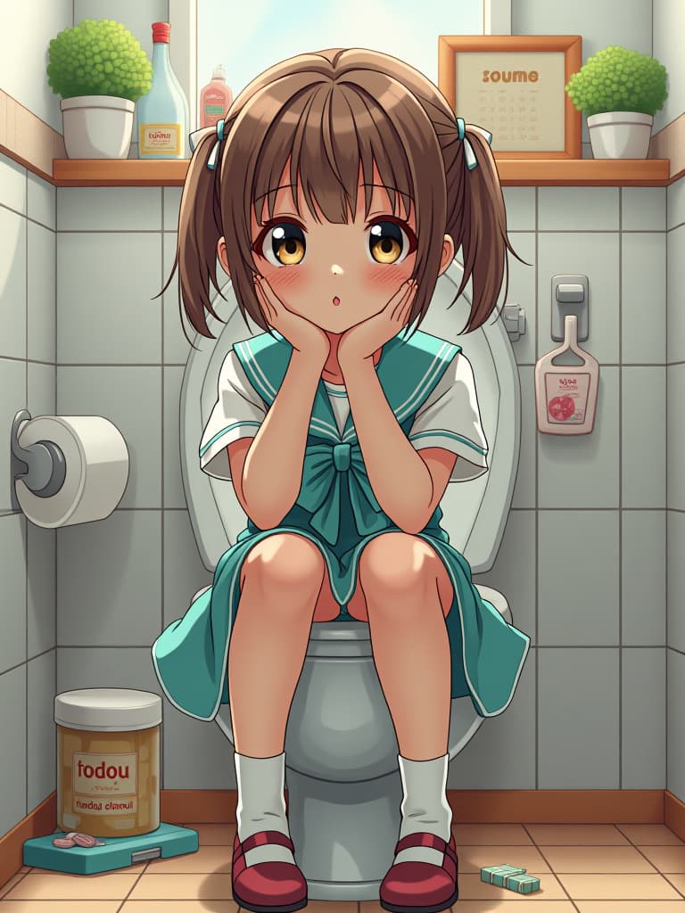  girls, 1st grade in elementary school, on the toilet, masterpiece, best quality,8k,ultra detailed,high resolution,an extremely delicate and beautiful,hyper detail