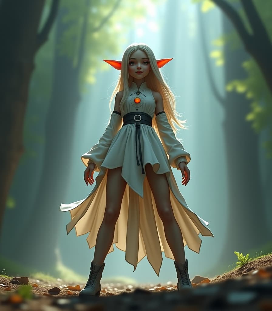  slender gnome like in game world of warcraft, she's standing with legs wide apart, she is dressed in circle and white fluent , ,view from beneath her toes,from bottom to top view, she's looking like a giant down and smiling, s are visible hyperrealistic, full body, detailed clothing, highly detailed, cinematic lighting, stunningly beautiful, intricate, sharp focus, f/1. 8, 85mm, (centered image composition), (professionally color graded), ((bright soft diffused light)), volumetric fog, trending on instagram, trending on tumblr, HDR 4K, 8K