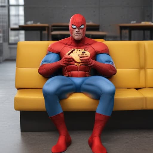 superhero seating and eating pizza