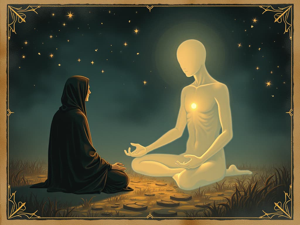  luminous being, meeting a meditating figure, figure seated in deep meditation, glowing being radiating soft light, calm aura, surroundings filled with shimmering stars, peaceful encounter. an illustration in the style of a worn, mystical old tarot trump card, mysterious and elements of surrealism. the colors are muted, somber and eerie, but with contrast bring out an occult and esoteric vibe.