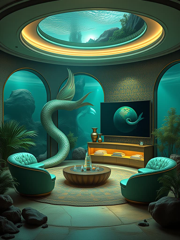  a luxurious mermaid mansion living room in the deep sea. the house is round li and big metallic green and gold ver shiny . with mermaid furniture with a giant tv