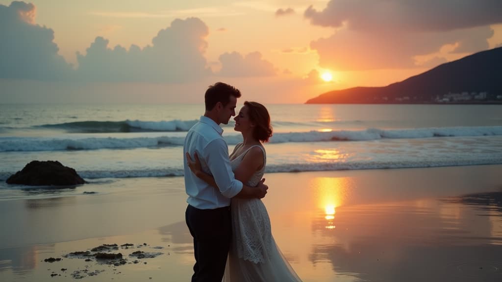  professional detailed photography, young couple dancing tango on the ocean shore ar 16:9, (muted colors, dim colors, soothing tones), (vsco:0.3)