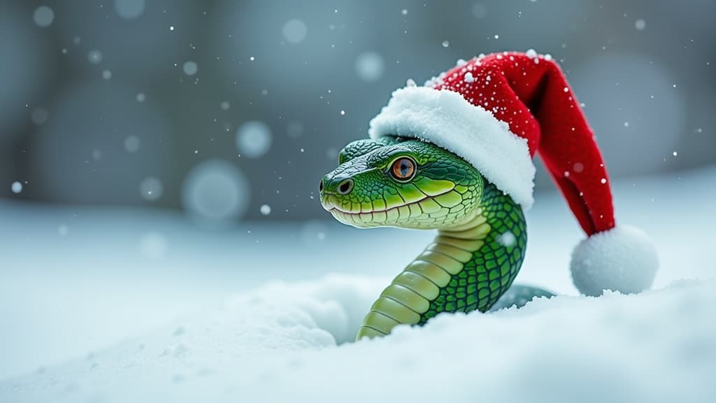  green snake head in santa hat smiling peeks out from snowdrift, snow, copy space, soft bokeh {prompt}, maximum details