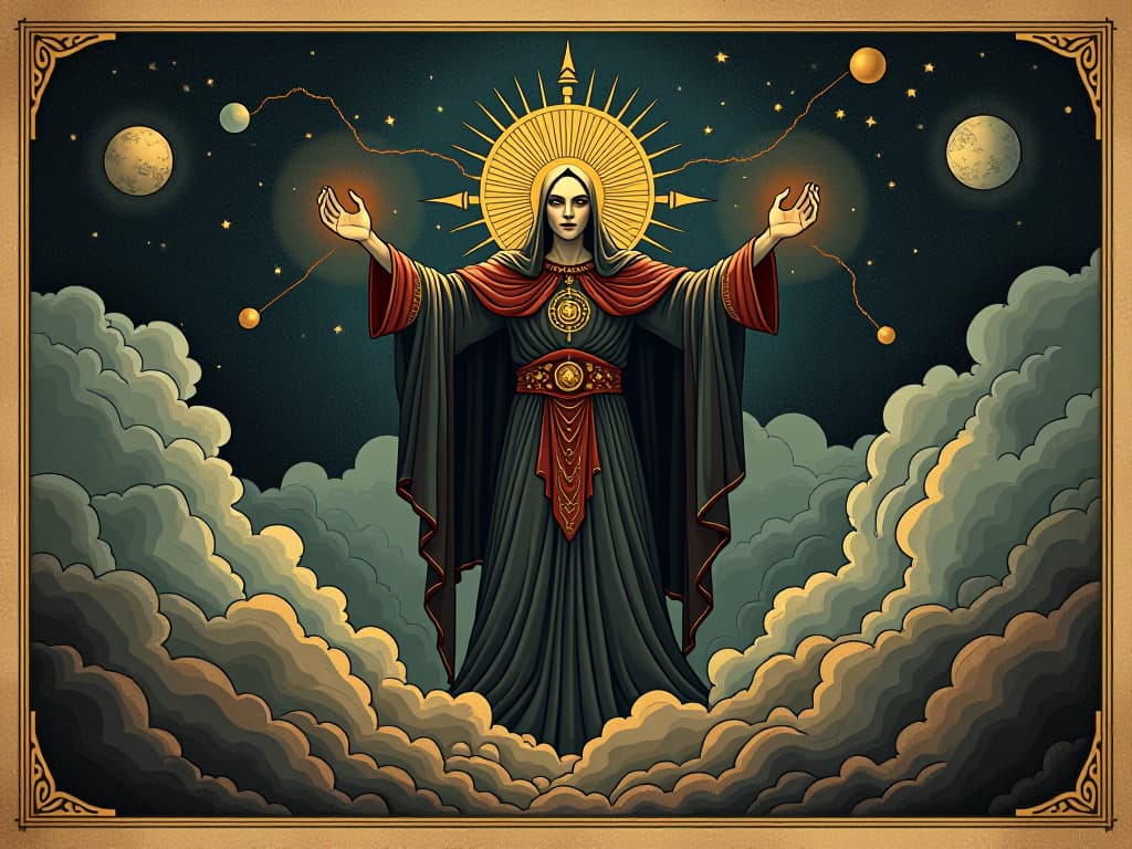  figure harnessing the universe's power, celestial bodies and energy orbs, might and wisdom, ancient, potent. an illustration in the style of a worn, mystical old tarot trump card, mysterious and elements of surrealism. the colors are muted, somber and eerie, but with contrast bring out an occult and esoteric vibe.