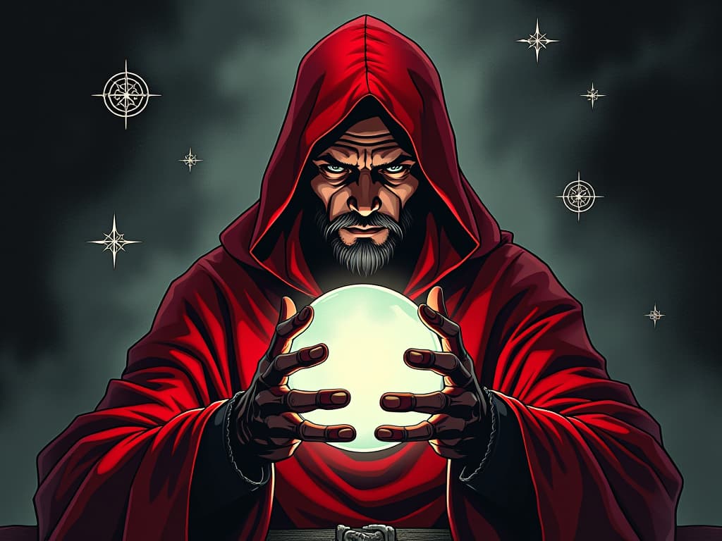  oracle in red robes, staring into a crystal ball, mystical symbols floating around, clarity of vision. the style is digital art illustration / modern comic book / graphic dark novel fantasy and mysterious occult, symbolic, moody lighting, esoteric vibe,high detail on character design. for the color scheme emphasize blacks and reds.