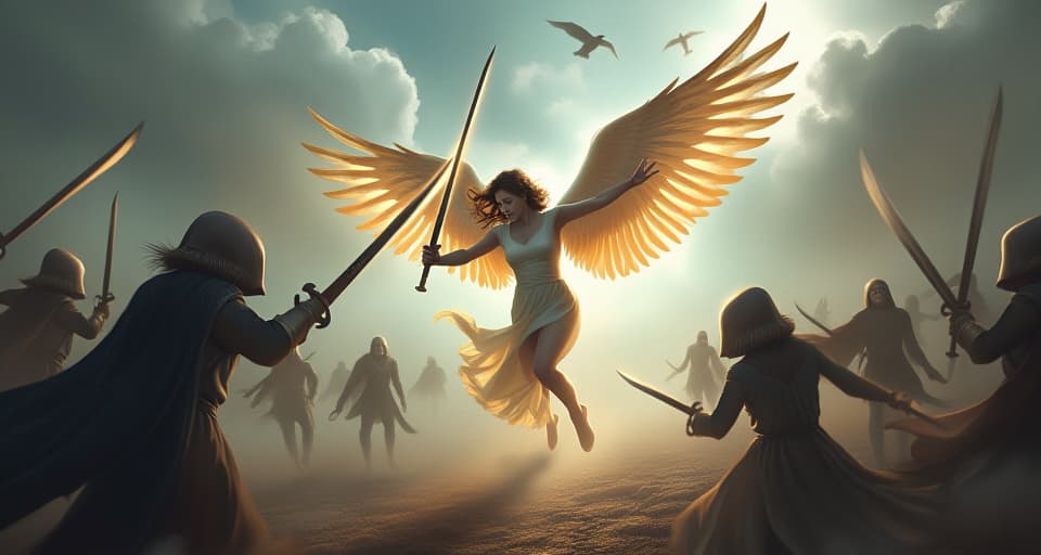  celestial battlefield, angelic warrior with wings outstretched, sword glowing with divine light, shielding a group from shadowy foes, powerful and dynamic stance, ethereal background, mood of divine intervention and protection. the style is digital art illustration,highly detailed, whimsical,magical, dreamlike atmosphere, realism and fantasy blend, smooth, glossy textures,luminous quality, wonder and enchantment.