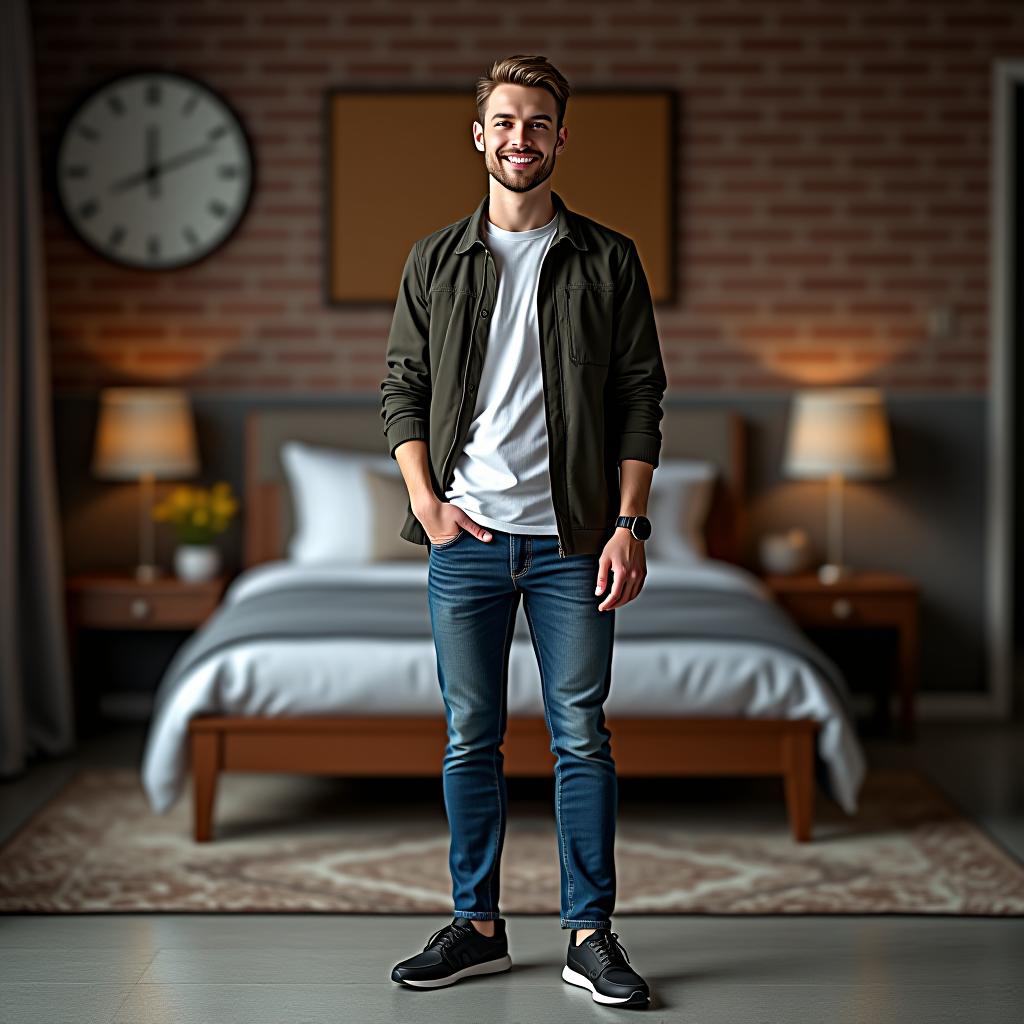  capture an unedited 8k hdr photograph using a helblad x1d ii 50c camera, featuring a slim, athletic, 20 nordic looking man. he smiles gently, dressed in slim fit jeans, plain t shirts, and layered jackets, complemented by casual shoes and minimalistic accessories like watches and sungles. the setting is an industrial style master room, characterized by raw, utilitarian elements such as brick, metal, and concrete. the photo boasts a symmetrical balance and hyperrealistic details, highlighted by professionally color graded, bright soft diffused light typical of dusk. the background's intricate blur enhances the stunning beauty of the scene, surrounded by dense, utilitarian furnishings.