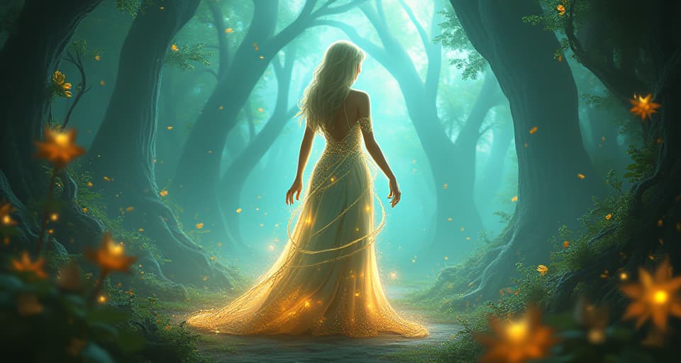  ethereal being standing in a bright, enchanted landscape; glowing vines wrap around her entire body, each cell illuminated with her own radiant, claiming light.. the style is digital art illustration,highly detailed, whimsical,magical, dreamlike atmosphere, realism and fantasy blend, smooth, glossy textures,luminous quality, wonder and enchantment.