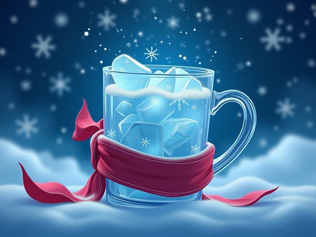  a fantasy style tilted glass mug featuring winter theme with snow in it. all the contents of the glass are pouring like water. details. colorful with brilliant blue background. suspended in space. sparkling and beautiful snowflakes like a wreath. a red scarf is wrapped around the handle of the glass. pieces of ice in glass. cartoon. studio ghibli anime. 1:1 size for profile. firooze hyperrealistic, full body, detailed clothing, highly detailed, cinematic lighting, stunningly beautiful, intricate, sharp focus, f/1. 8, 85mm, (centered image composition), (professionally color graded), ((bright soft diffused light)), volumetric fog, trending on instagram, trending on tumblr, HDR 4K, 8K