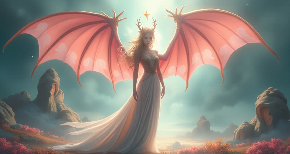  the ethereal chosen one standing strong, enveloped in soft light, with the pink dragon’s presence ensuring they do not deplete themselves in service to others. the style is digital art illustration,highly detailed, whimsical,magical, dreamlike atmosphere, realism and fantasy blend, smooth, glossy textures,luminous quality, wonder and enchantment.