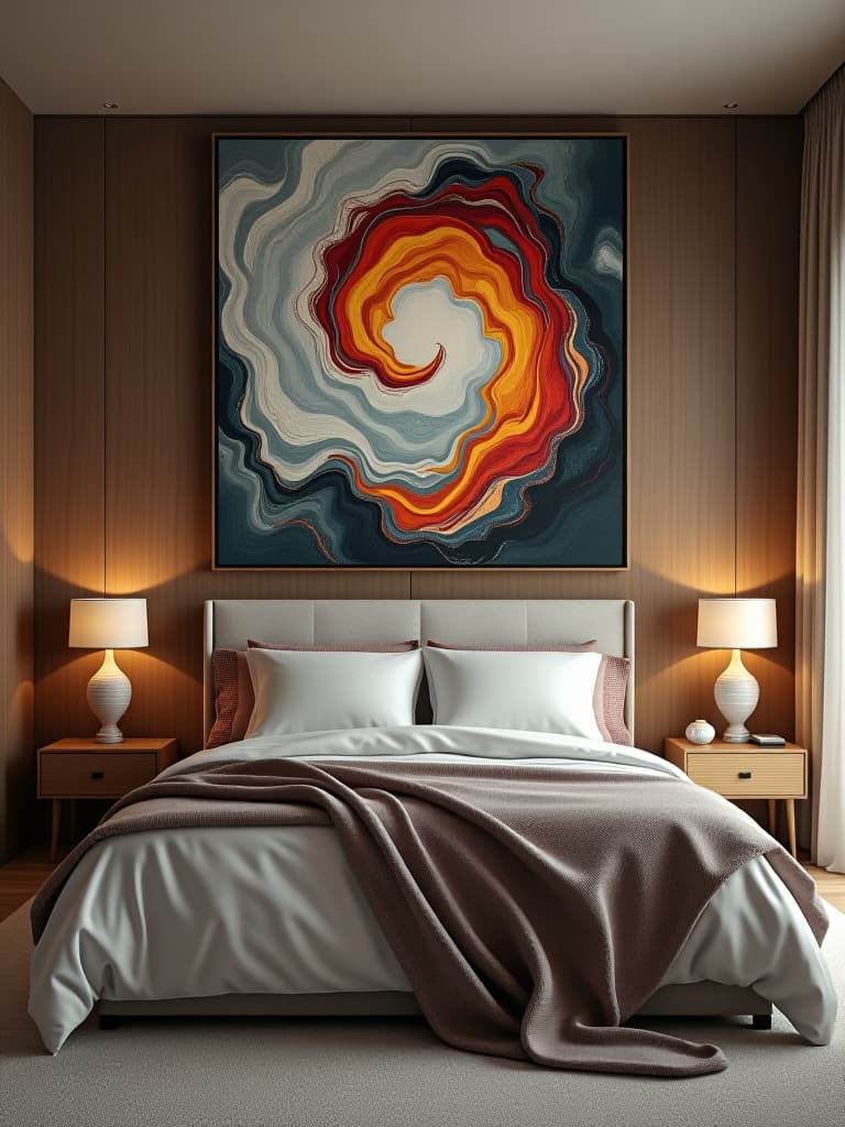  high quality portrait photo of a modern bedroom featuring a striking oversized art piece above the bed, with complementary bedding and minimal additional decor hyperrealistic, full body, detailed clothing, highly detailed, cinematic lighting, stunningly beautiful, intricate, sharp focus, f/1. 8, 85mm, (centered image composition), (professionally color graded), ((bright soft diffused light)), volumetric fog, trending on instagram, trending on tumblr, HDR 4K, 8K