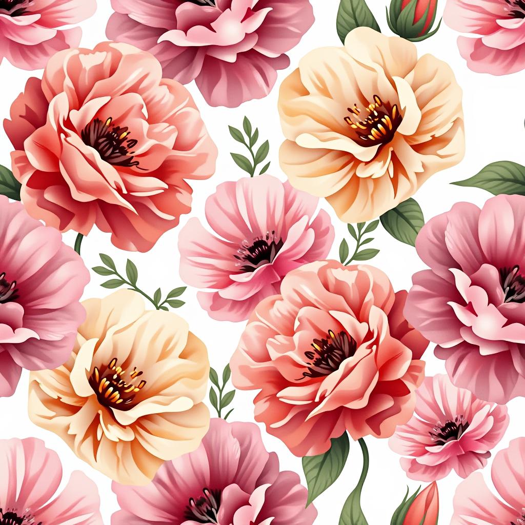  create a seamless digital design featuring a pattern of large, beautiful flowers with soft, watercolor like effects. the flowers should cover the entire surface, creating a bold, elegant, and continuous look. the overall style should be light and airy, with delicate leaves and petals to enhance the natural, floral theme. the design should be seamless to ensure it can be used in repeating patterns or wraps.