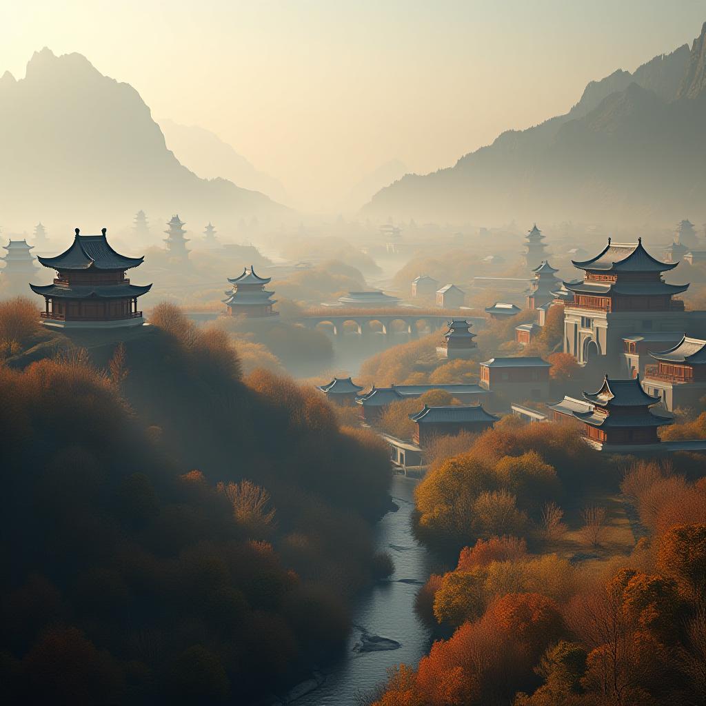  a visual of what a place in northwestern china looked like during the han dynasty. the visual should include a lot of historical and cultural elements. it should also be a city view. hyperrealistic, full body, detailed clothing, highly detailed, cinematic lighting, stunningly beautiful, intricate, sharp focus, f/1. 8, 85mm, (centered image composition), (professionally color graded), ((bright soft diffused light)), volumetric fog, trending on instagram, trending on tumblr, HDR 4K, 8K