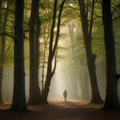 Un prophète, au mi lieu de la forêt, avec une longue bâton devant Et devant lui, une grande arbre, très lumineuses bi