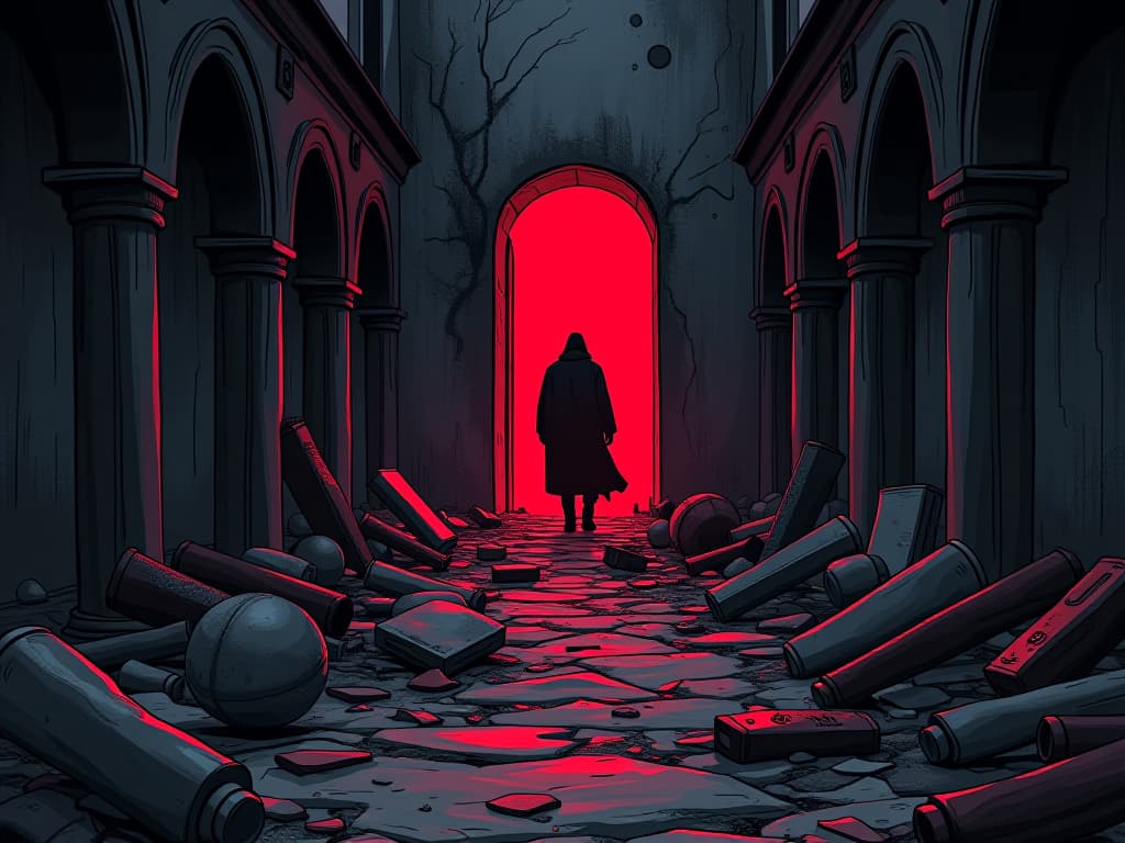  cluttered pathway, strewn with broken relics, sense of obstacle and hindrance. the style is digital art illustration / modern comic book / graphic dark novel fantasy and mysterious occult, symbolic, moody lighting, esoteric vibe,high detail on character design. for the color scheme emphasize blacks and reds.