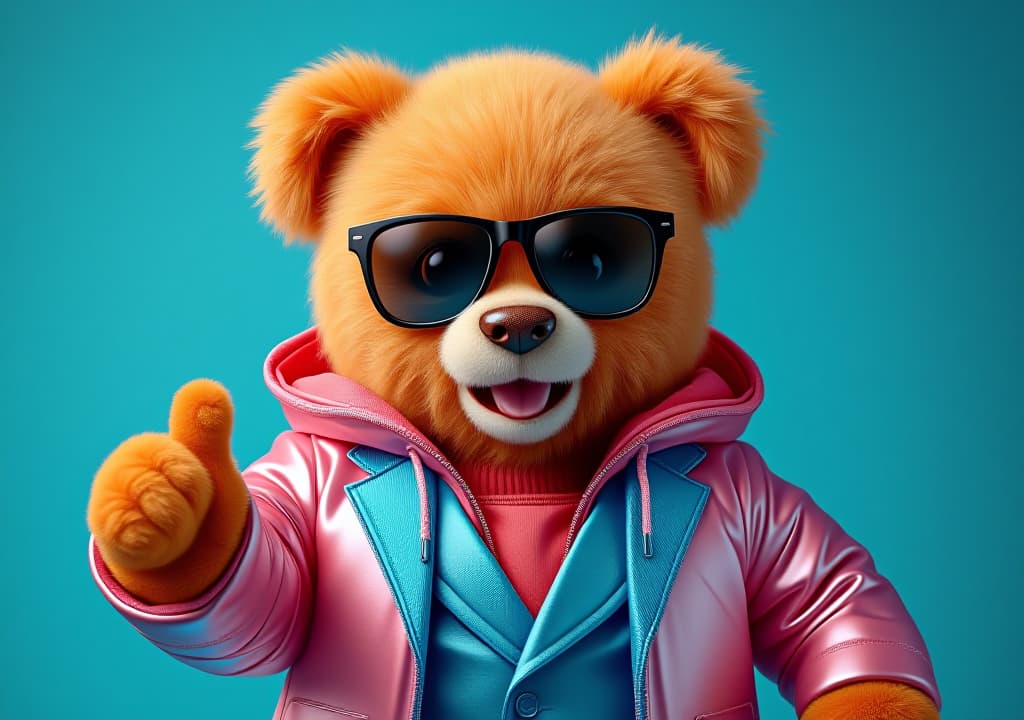  portrait of a funny cute teddy bear toy posing and wearing sunglasses, a pink metallic jacket with a hood, and blue metallic suit. blue background with copy space. pastel colors, high quality, high details, hd, perfect composition, 4k epic detailed, highly detailed, sharp focus, high resolution