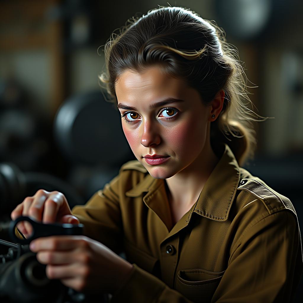  create a high quality, photorealistic image that vividly depicts the following scene: powerful close up of a young queen elizabeth ii, dirt flecks dot her rosy cheeks, wrench in hand, her eyes fixed intently on an engine part, intense focus and determination. her uniform is grease stained and worn, but carries a badge of honor and strength. the backdrop reveals the tumultuous atmosphere of world war ii: an austere vehicle bay full of tools and parts, filled with harsh, yet hopeful lighting. captured on a canon eos r5, fits perfectly with the narrative's flow, shot in 8k, raw, untouched for the real essence, iso 400, 1/250s, aperture f/2.0, with a careful balance of contrast and color. the image should: focus on the specific  hyperrealistic, full body, detailed clothing, highly detailed, cinematic lighting, stunningly beautiful, intricate, sharp focus, f/1. 8, 85mm, (centered image composition), (professionally color graded), ((bright soft diffused light)), volumetric fog, trending on instagram, trending on tumblr, HDR 4K, 8K