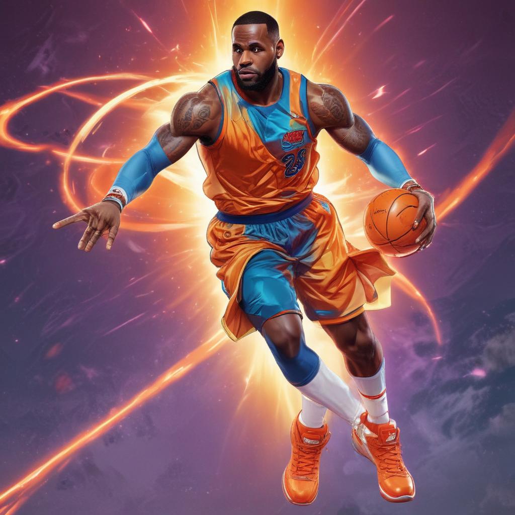 distance-shot, flashy, full-body, dynamic, holographic, animated cartoon poster of lebron james in the style of dragon ball super