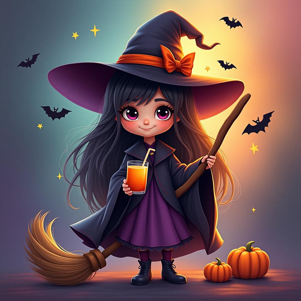  create a digital painting featuring a cute witch character. the witch should be wearing a hat. in one hand, the witch should hold a broomstick, and in the other hand, a halloween themed drink. the background should be colorful and include small black bats, pumpkins and stars to add a playful halloween touch. the overall style should be cute, whimsical, and colorful hyperrealistic, full body, detailed clothing, highly detailed, cinematic lighting, stunningly beautiful, intricate, sharp focus, f/1. 8, 85mm, (centered image composition), (professionally color graded), ((bright soft diffused light)), volumetric fog, trending on instagram, trending on tumblr, HDR 4K, 8K