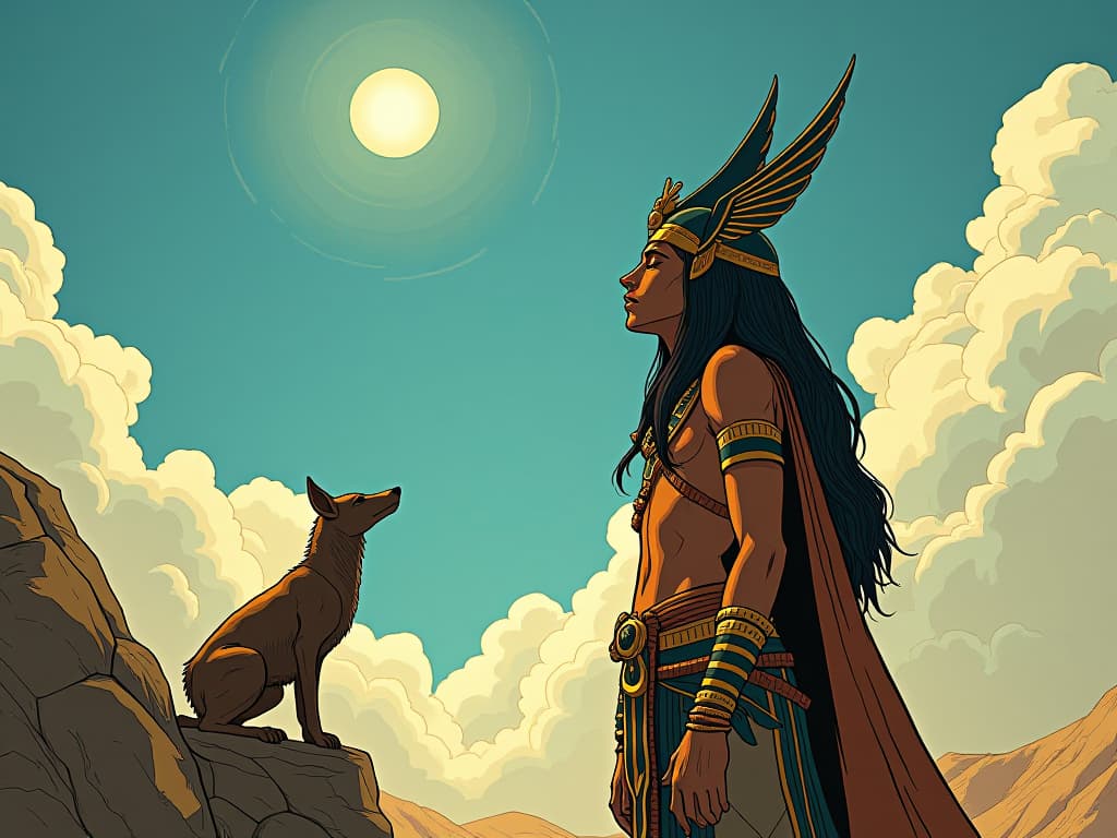  melampus with eyes closed, listening intently to the whispers of animals, a clear sky overhead, conveying mystical insight. the style is digital art illustration / modern comic book / mysterious occult, symbolic, esoteric vibe,high detail on character design, incorporating ancient egyptian symbology and attire.