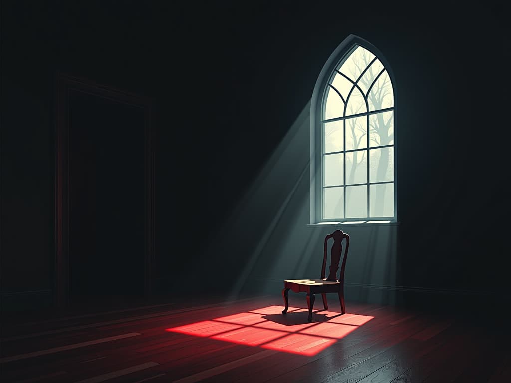  minimalist room with a single chair, sunlight coming through a window, uncluttered simplicity. the style is digital art illustration / modern comic book / graphic dark novel fantasy and mysterious occult, symbolic, moody lighting, esoteric vibe,high detail on character design. for the color scheme emphasize blacks and reds.