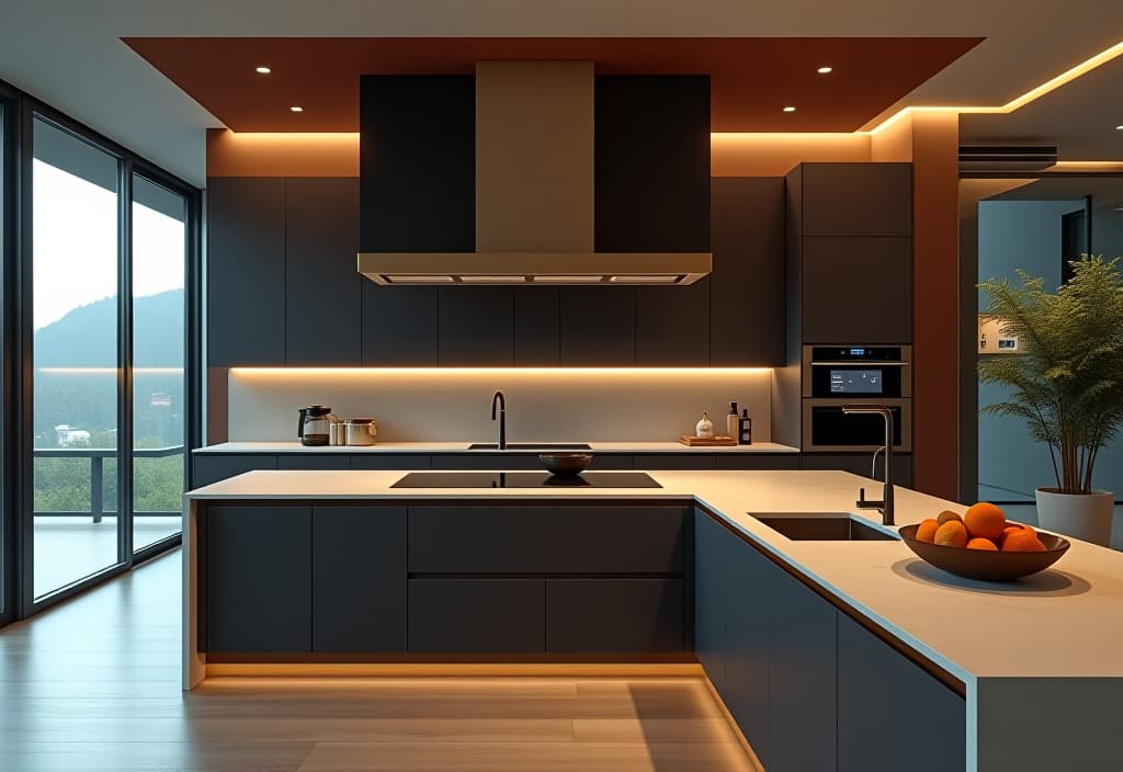  a landscape photo of a sophisticated contemporary kitchen with a dramatic oversized hood, smart appliances, a built in coffee station, and a hidden pantry behind sleek sliding doors hyperrealistic, full body, detailed clothing, highly detailed, cinematic lighting, stunningly beautiful, intricate, sharp focus, f/1. 8, 85mm, (centered image composition), (professionally color graded), ((bright soft diffused light)), volumetric fog, trending on instagram, trending on tumblr, HDR 4K, 8K