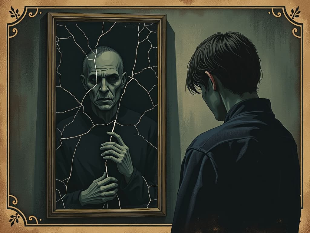  cracked mirror casting a dark shadow, person looking somberly, distorted self image, gloomy atmosphere, sense of despair.. an illustration in the style of a worn, mystical old tarot trump card, mysterious and elements of surrealism. the colors are muted, somber and eerie, but with contrast bring out an occult and esoteric vibe.