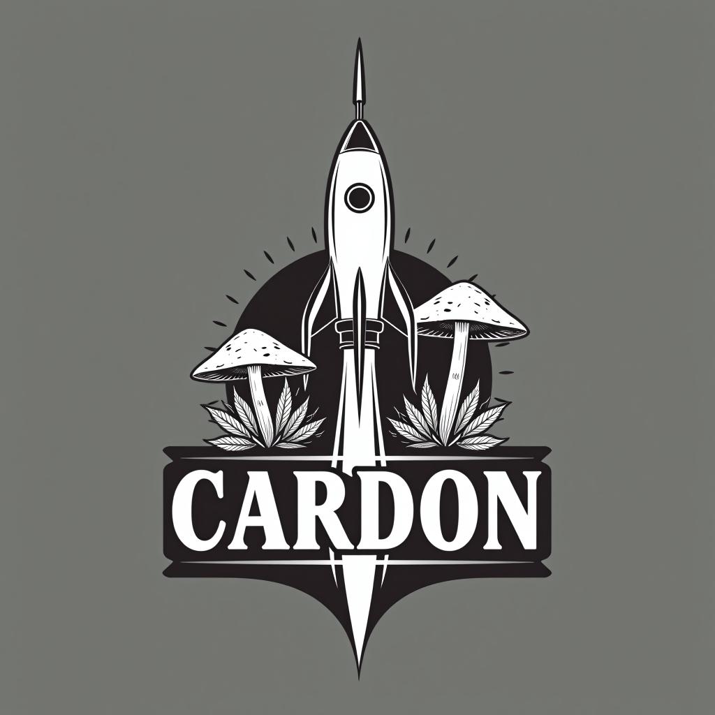  create me a logo that represents a white rapper from new orleans with the last name cardon that incorporates rocket ships, mushrooms, and cannabis, (logo), elegant, chic, stylish, sophisticated, high fashion, modern serif font, monochrome, simple, iconic