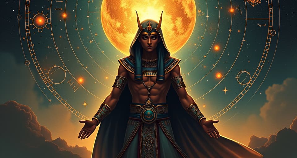  an intricate cosmic map, with glowing celestial bodies and constellations, indicating that these qualities are born from the fabric of the universe, not from mundane life.. the style is digital art illustration / modern comic book / mysterious occult, symbolic, esoteric vibe,high detail on character design, incorporating ancient egyptian symbology and attire.