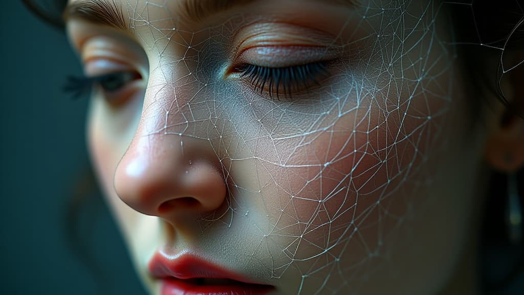  close up of a person's face covered in a delicate, intricate web like material