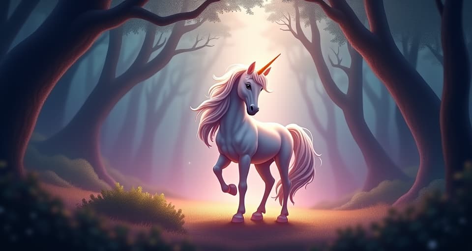  shimmering unicorn with a radiant horn, defending a bright clearing in an enchanted forest. surrounding shadows threatening but unable to penetrate the light, protective, steadfast, magical.. the style is digital art illustration,highly detailed, whimsical,magical, dreamlike atmosphere, realism and fantasy blend, smooth, glossy textures,luminous quality, wonder and enchantment.