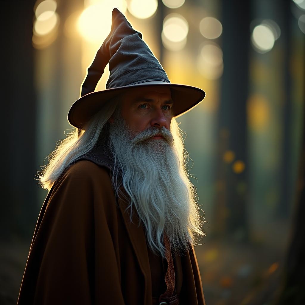  cinematic photo gandalf in his hat in the evening forest of early autumn is magic. crickets fly around . 35mm photograph, film, bokeh, professional, 4k, highly detailed hyperrealistic, full body, detailed clothing, highly detailed, cinematic lighting, stunningly beautiful, intricate, sharp focus, f/1. 8, 85mm, (centered image composition), (professionally color graded), ((bright soft diffused light)), volumetric fog, trending on instagram, trending on tumblr, HDR 4K, 8K