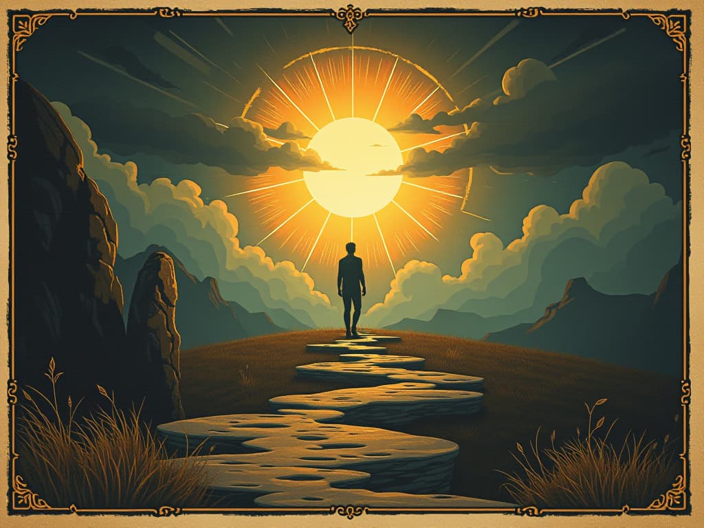  positivity and light reigning, radiant landscape, shadows retreating, bright and hopeful. an illustration in the style of a worn, mystical old tarot trump card, mysterious and elements of surrealism. the colors are muted, somber and eerie, but with contrast bring out an occult and esoteric vibe.