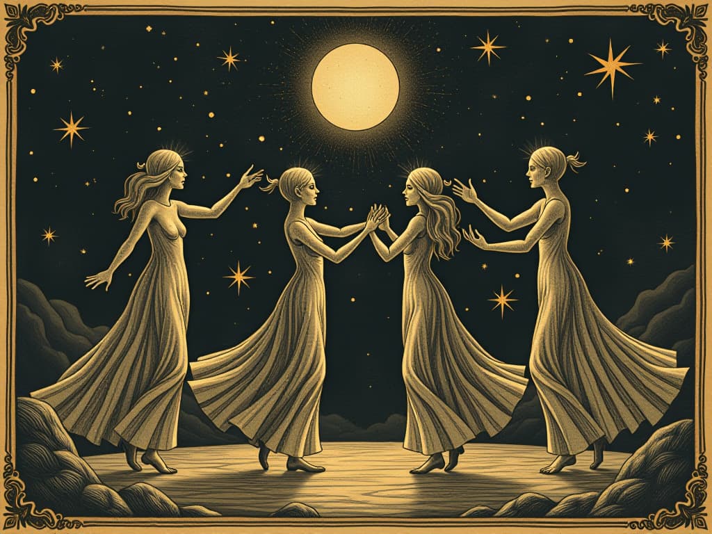  an intricate celestial dance, figures made of stardust moving in harmony, every gesture and delay exquisitely timed, ethereal and beautiful. an illustration in the style of a worn, mystical old tarot trump card, mysterious and elements of surrealism. the colors are muted, somber and eerie, but with contrast bring out an occult and esoteric vibe.