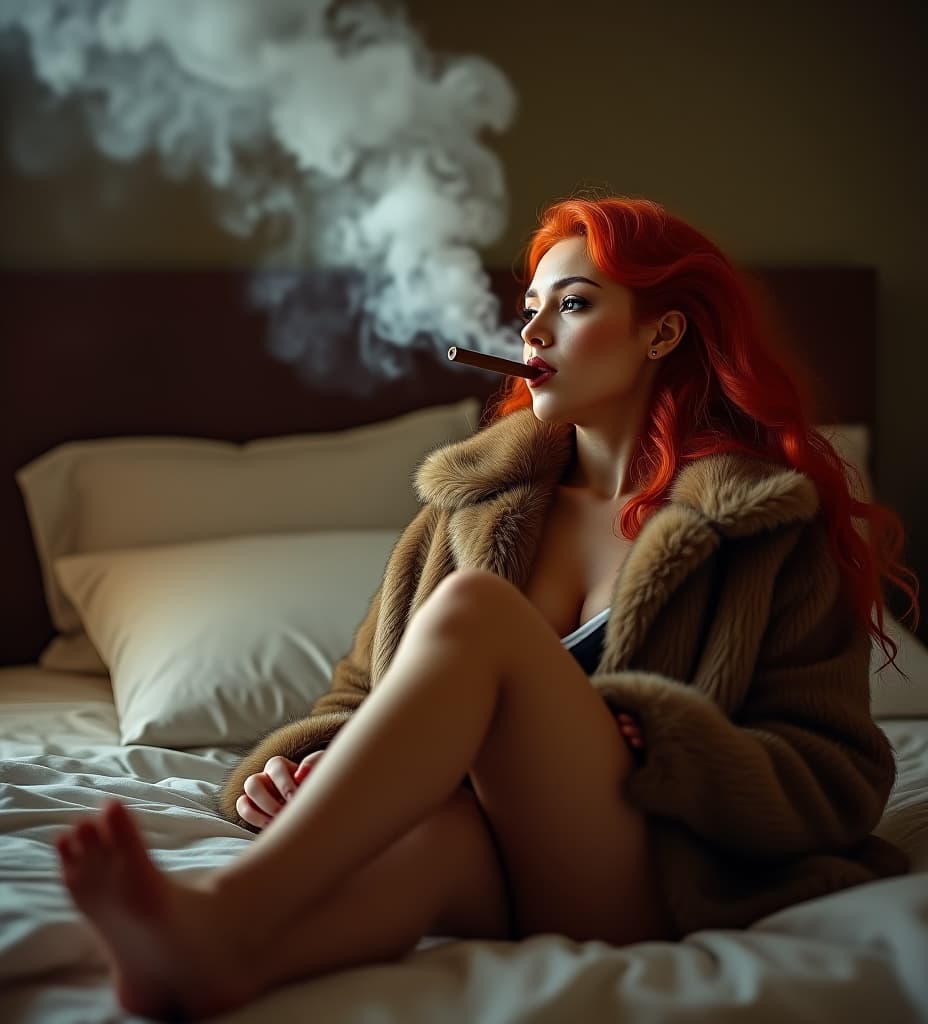  a pretty redhead smoking a cuban cigar, blowing huge clouds of smoke, wearing fur coat, feet on bed